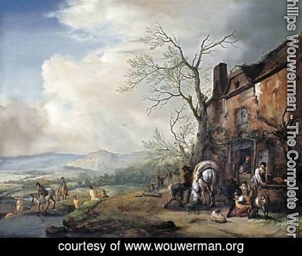 Philips Wouwerman - Landscape with Peasants by a Cottage 1651-53