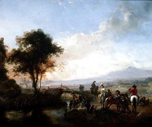 Philips Wouwerman - River landscape with travellers by a bridge