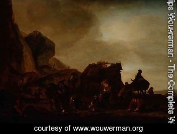 Philips Wouwerman - Travellers and Beggars by a ruined hut