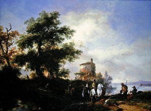 Philips Wouwerman - A river landscape with a gentleman and lady riding to the chase