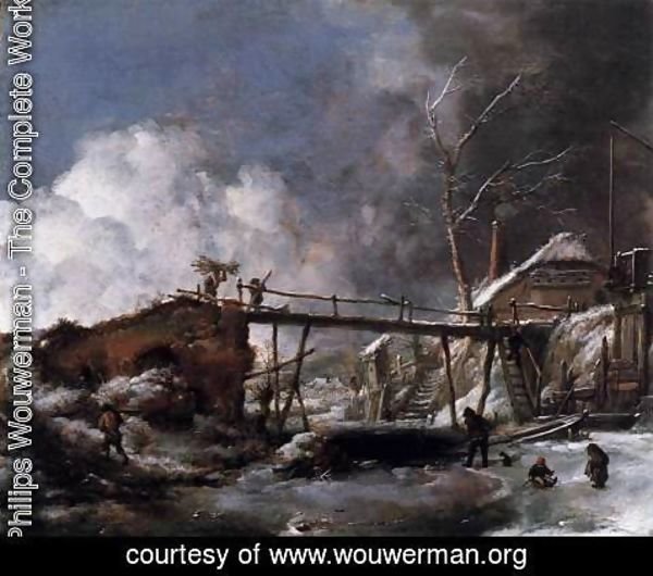 Philips Wouwerman - Winter Landscape with Wooden Bridge