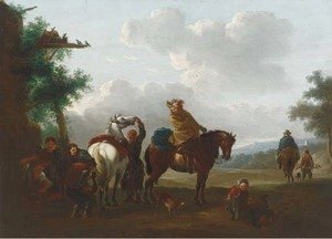 Philips Wouwerman - Travellers at halt by a blacksmith's cottage