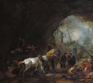 A grotto with travellers unloading a wagon, a gypsy fortune-teller, a blacksmith and other figures