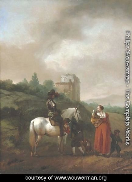 Philips Wouwerman - A man on a white horse conversing with a woman and children on a track, a house beyond