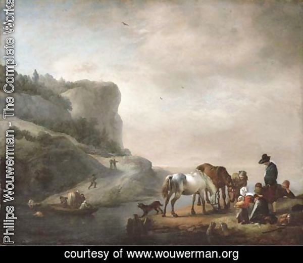 A river landscape with peasants and horses on the shore and a ferry crossing
