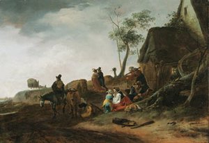 Philips Wouwerman - A traveller on horseback, a milkmaid and peasants by a cottage in a landscape, an elegant couple and a carriage beyond