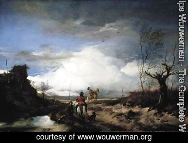 Philips Wouwerman - Two men hawking in an extensive landscape