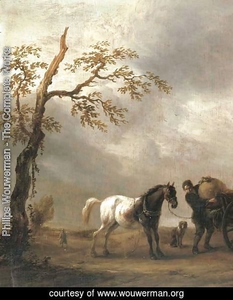 A horse stalling with a peasant loading a cart in a landscape
