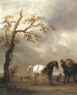 A horse stalling with a peasant loading a cart in a landscape