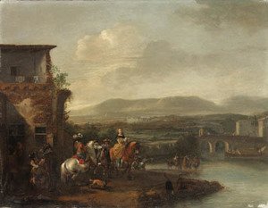 Travellers outside an Inn by a River, an extensive landscape with a bridge and a manor house beyond