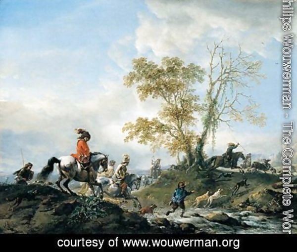 Philips Wouwerman - A landscape with a stag hunt in full cry, fording a stream