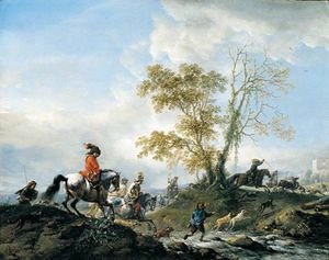 A landscape with a stag hunt in full cry, fording a stream