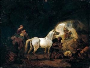 A man staddling a white horse in cave