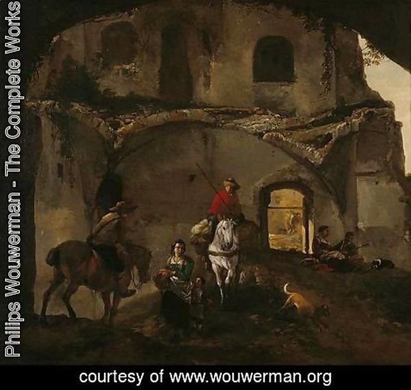 Philips Wouwerman - An Italianate Landscape With Two Riders And Other Figures Beneath Ruined Buildings