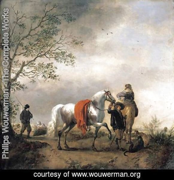 Philips Wouwerman - Cavalier Holding A Dappled Grey Horse