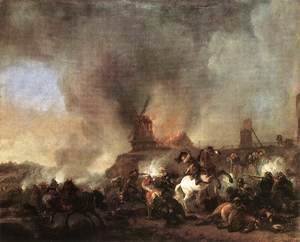 Philips Wouwerman - Cavalry Battle in front of a Burning Mill 1660s