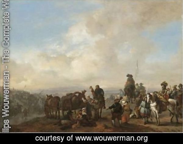 Philips Wouwerman - Landscape With Cavalrymen Crossing A Ford And Peasants Taking Refreshment From A Wagon