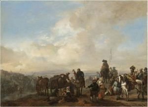 Philips Wouwerman - Landscape With Cavalrymen Crossing A Ford And Peasants Taking Refreshment From A Wagon
