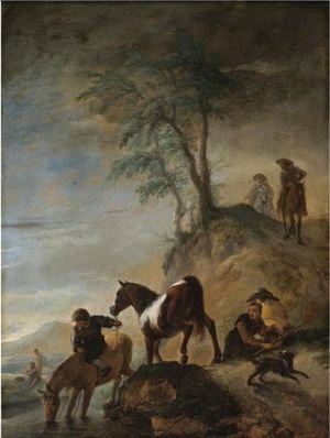 Philips Wouwerman - Riders Watering Their Horses At A River