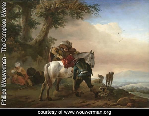 A Huntsman Saddling His Horse, An Extensive Landscape Beyond