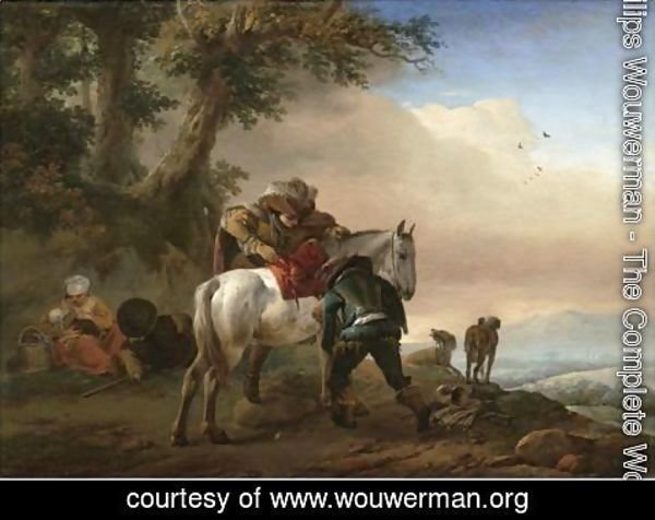 Philips Wouwerman - A Huntsman Saddling His Horse, An Extensive Landscape Beyond
