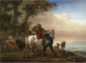 Philips Wouwerman - A Huntsman Saddling His Horse, An Extensive Landscape Beyond