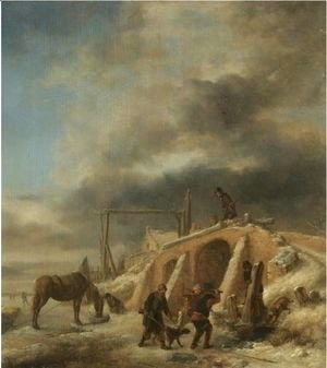 A Winter Landscape, With Figures By A Bridge Over A Frozen Stream