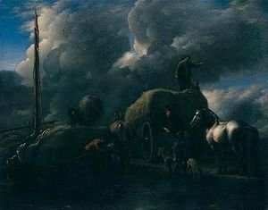 Philips Wouwerman - 'Le Port Au Foin' Harvesters Unloading Hay Into A Barge Beside A River