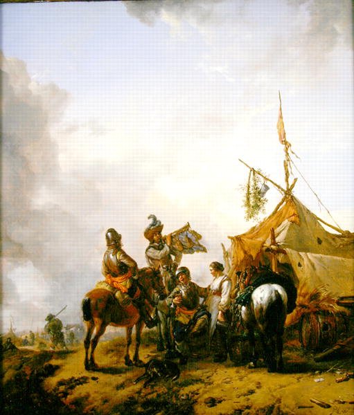 Soldiers carousing with a serving woman outside a tent