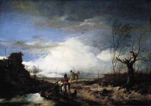 Two men hawking in an extensive landscape