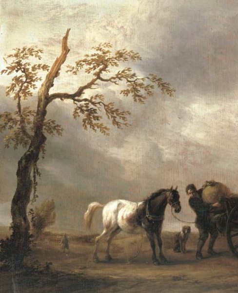 A horse stalling with a peasant loading a cart in a landscape