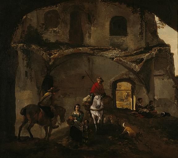 An Italianate Landscape With Two Riders And Other Figures Beneath Ruined Buildings