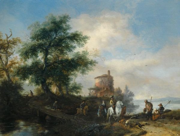 A River Landscape With A Gentleman And Lady Riding To The Chase, With A Pilgrim Asking For Alms In The Foreground, Other Members Of The Hunting Party Crossing A Wooden Bridge, A Tower Beyond