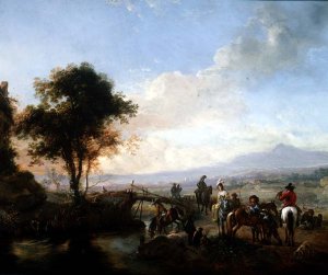 River landscape with travellers by a bridge