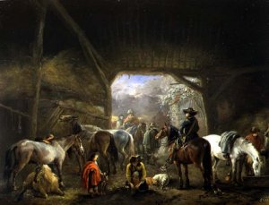 Sheltering from the Storm: a Stable with Travellers Resting on their Mounts