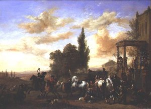 The Departure of a Hunting Party from a mansion