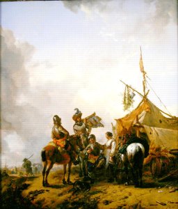 Soldiers carousing with a serving woman outside a tent