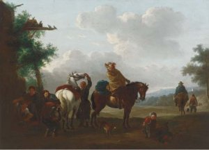 Travellers at halt by a blacksmith's cottage