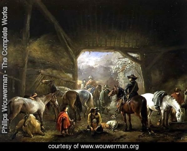 Sheltering from the Storm: a Stable with Travellers Resting on their Mounts