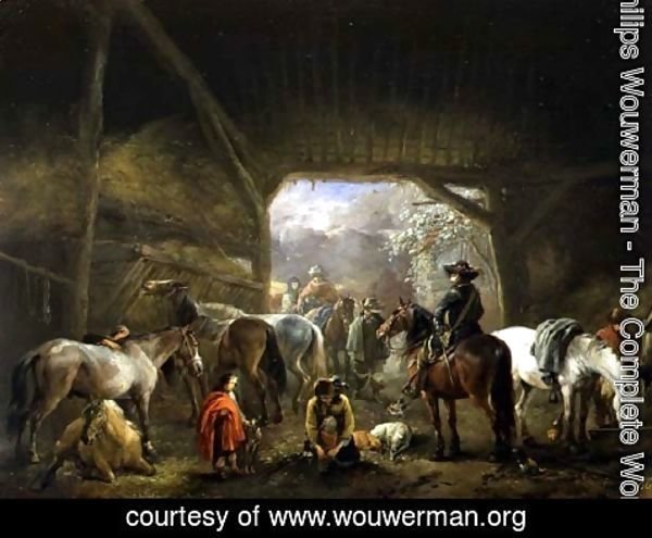 Philips Wouwerman - Sheltering from the Storm: a Stable with Travellers Resting on their Mounts
