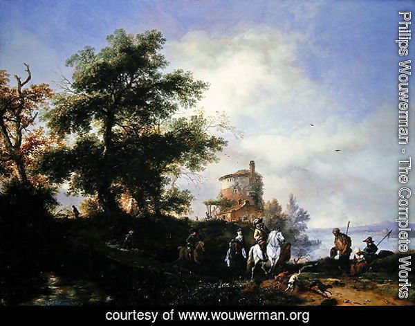 A river landscape with a gentleman and lady riding to the chase