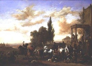 The Departure of a Hunting Party from a mansion