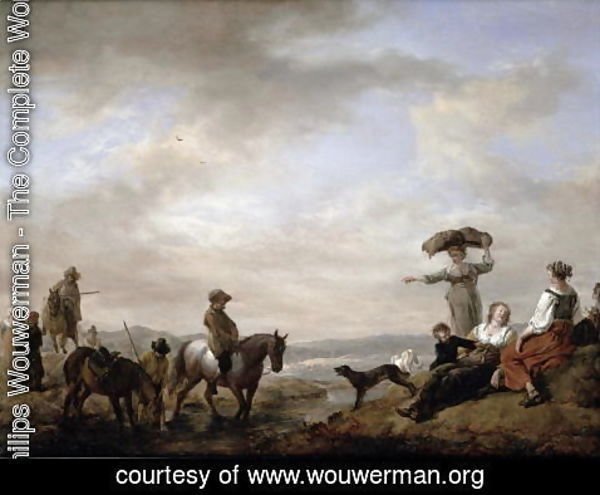 Philips Wouwerman - Landscape with a gentleman on horseback fording a stream