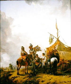 Philips Wouwerman - Soldiers carousing with a serving woman outside a tent