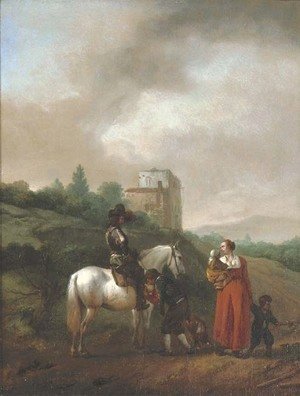 A man on a white horse conversing with a woman and children on a track, a house beyond
