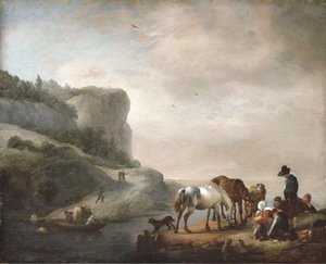 A river landscape with peasants and horses on the shore and a ferry crossing
