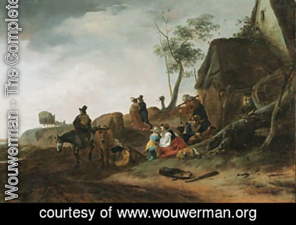 A traveller on horseback, a milkmaid and peasants by a cottage in a landscape, an elegant couple and a carriage beyond