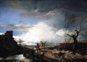 Philips Wouwerman - Two men hawking in an extensive landscape
