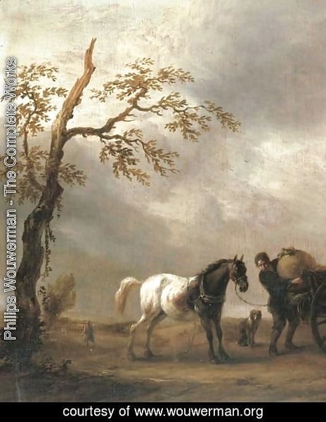 Philips Wouwerman - A horse stalling with a peasant loading a cart in a landscape