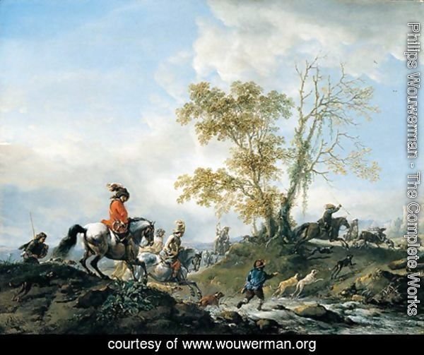 A landscape with a stag hunt in full cry, fording a stream